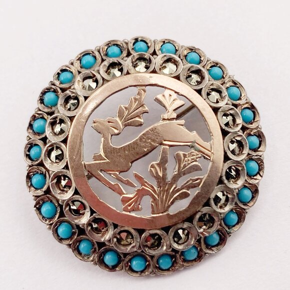 ANTIQUE Coin silver, marcasite, and turquoise glass deer brooch ~ Victorian pin - Picture 3 of 9